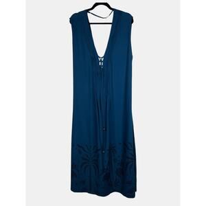 Amiani Viscose Maxi Dress L XL Blue Tropical Palm Print Sleeveless Resort